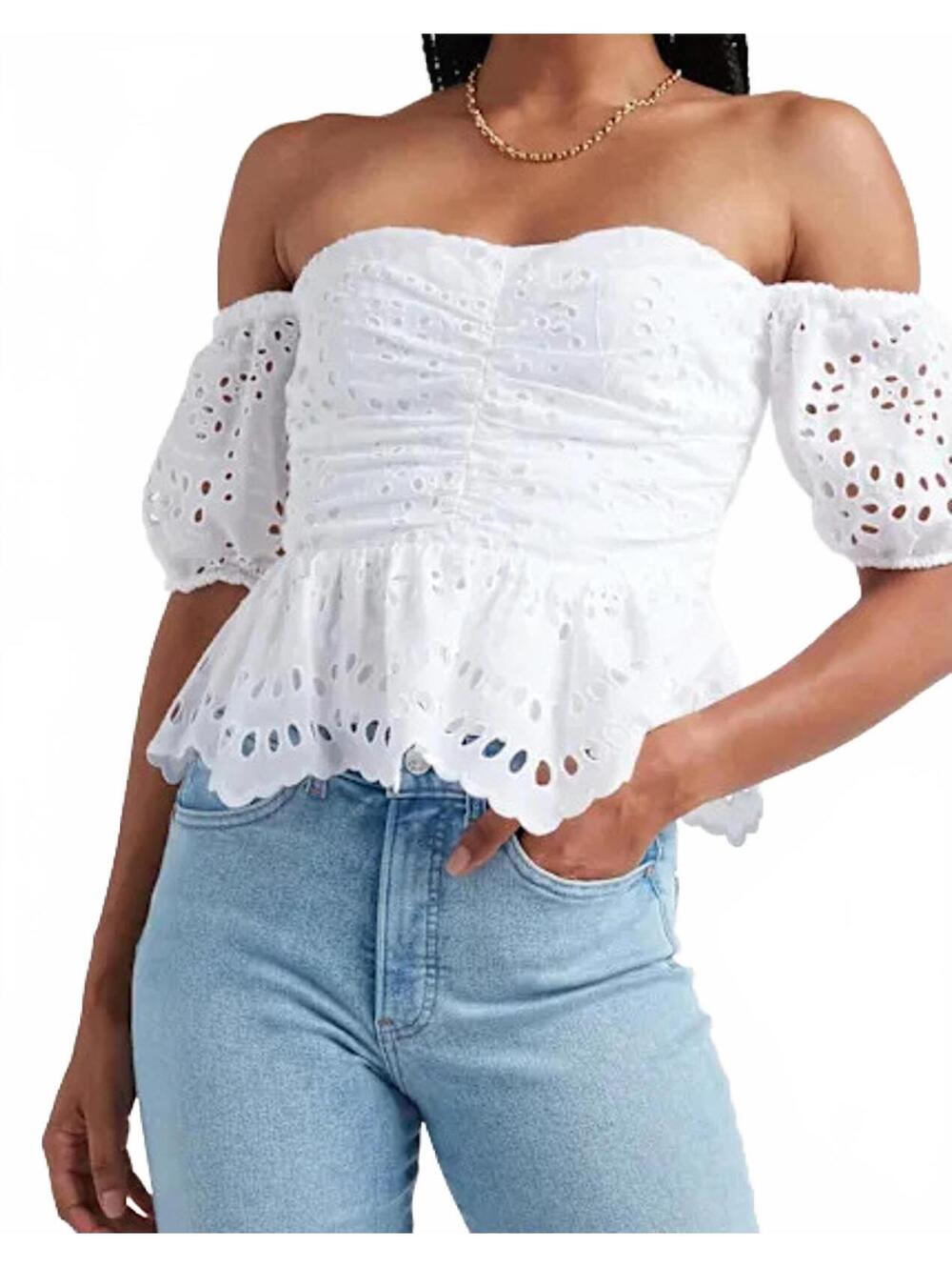 Express White Eyelet Cotton Milkmaid Puff Sleeve Off Shoulder Crop Top XS